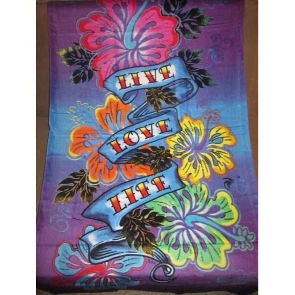 New Live Love Life Purple Blue Flower Bath Beach Pool Gift Happy Towel Hibiscus